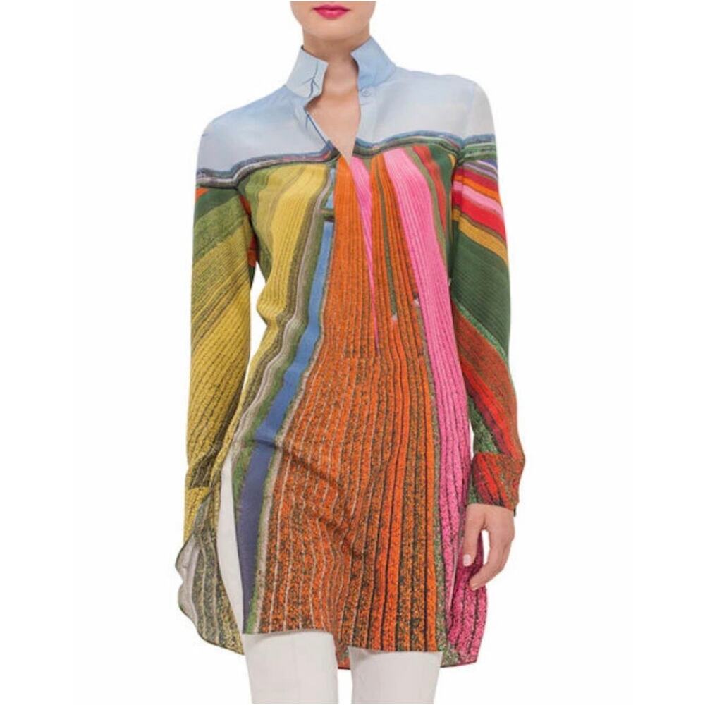 AKRIS 100% Silk Tulip Fields Button Up Tunic Blouse Size 12